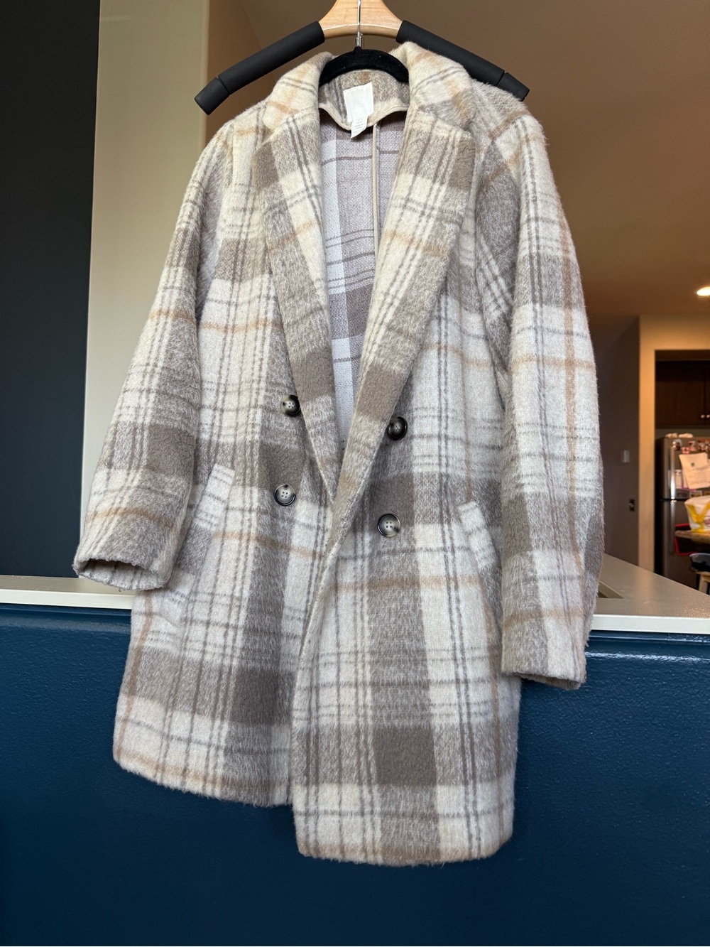 H&M Neutral Plaid Wool-Blend Coat in Beige and Cream